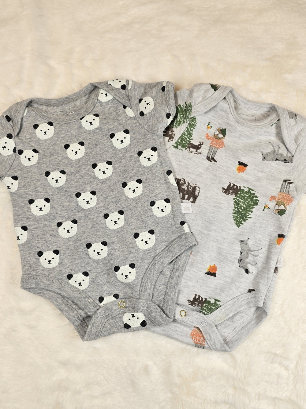 Rosie Pope Gray Panda & Woodland Print Baby One-Piece Bodysuits